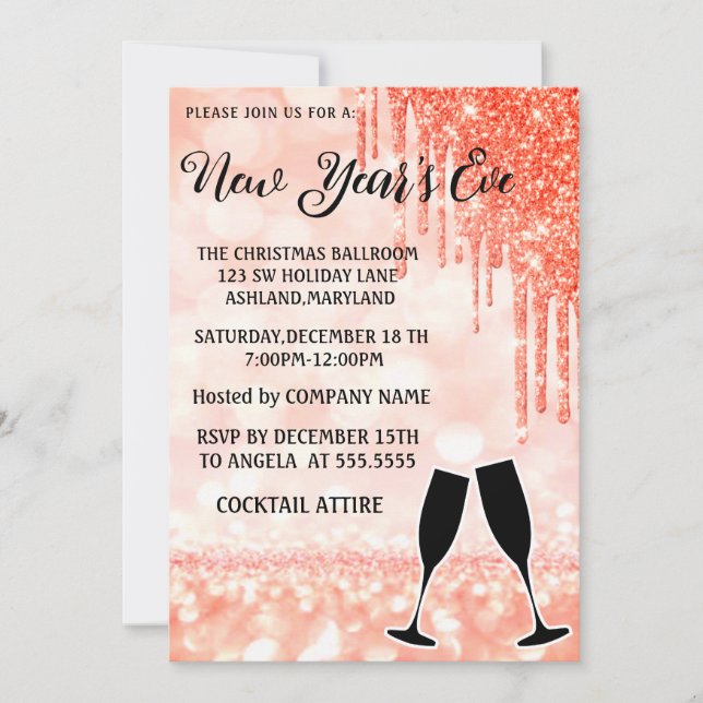 Wonderful, Elegant, Pink New Year Wine Glass Invitation (Front)