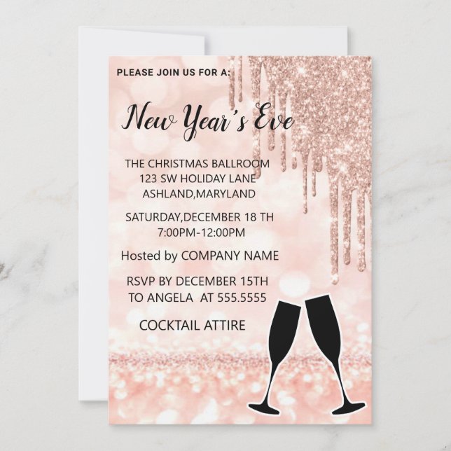 Wonderful, Elegant, RoseGold New Year Wine Glass Invitation (Front)