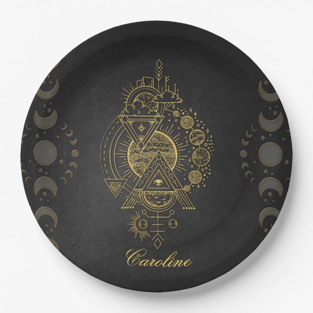 Wonderful golden fantasy planet and moon paper plate (Front)