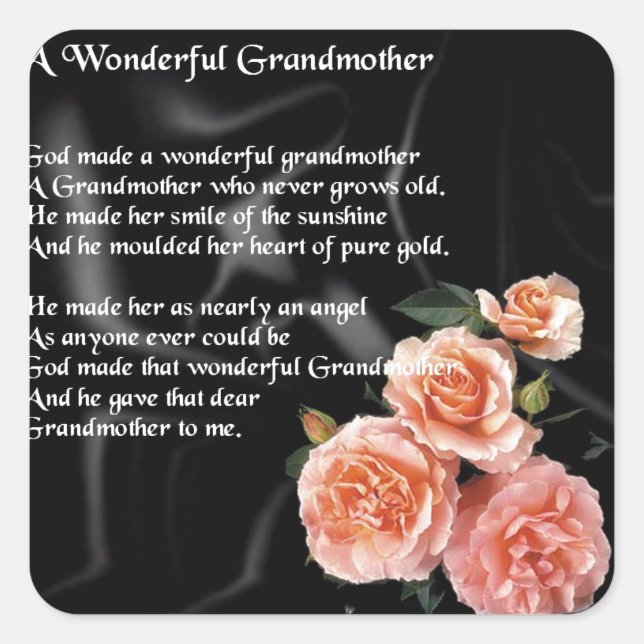Wonderful Grandmother Poem - flowers on black Square Sticker (Front)