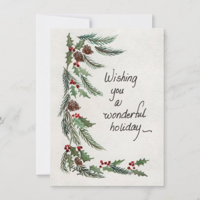 "Wonderful Holiday" Wish Green Garland border Holiday Card (Front)
