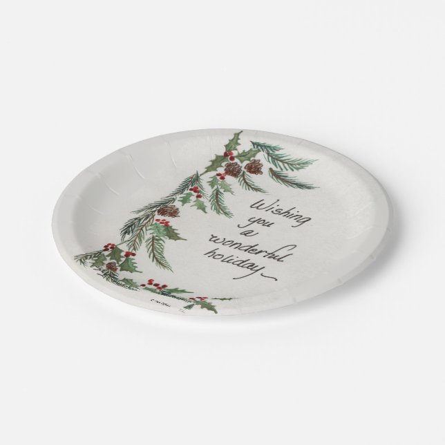 "Wonderful Holiday" Wish Green Garland border Paper Plate (Angled)
