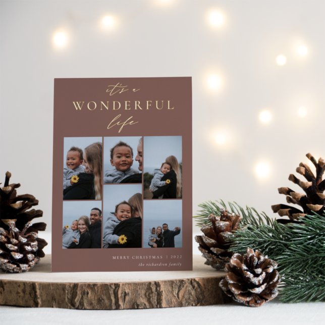 Wonderful Life | 6 Photo Collage Christmas Foil Holiday Card (Creator Uploaded)