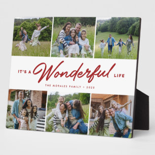 Wonderful life dark red six photo family collage plaque