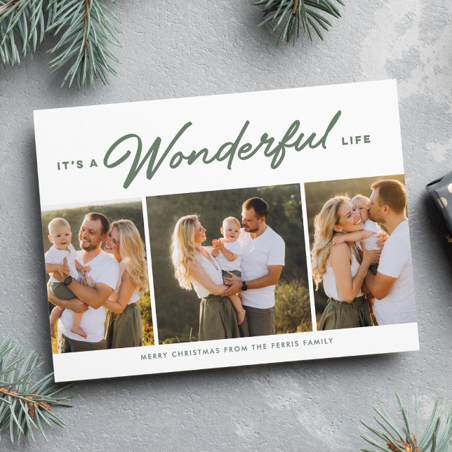 Wonderful life three photo green Christmas Holiday Card (Creator Uploaded)