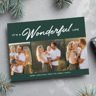 Wonderful life three photo green Christmas Holiday Card