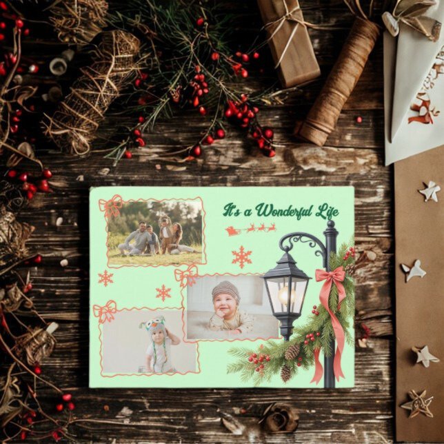 Wonderful life three photo green Christmas  Holiday Postcard (Creator Uploaded)