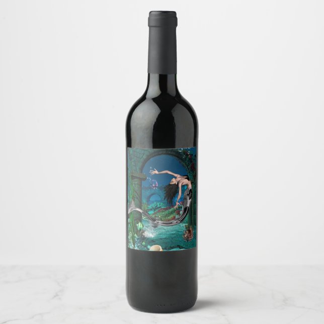 Wonderful mermaid with fantasy fish wine label (Front)