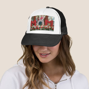 Wonderful Mum in colourful bold flowers with Trucker Hat
