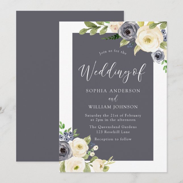 Wonderful Navy Blue Cream Beige Flowers Wedding Invitation (Front/Back)