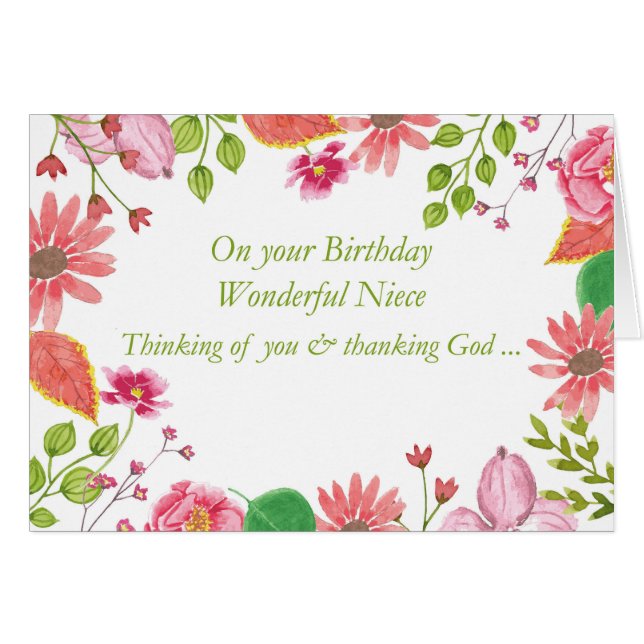 Wonderful Niece Watercolor Flowers Religious Birth (Front Horizontal)