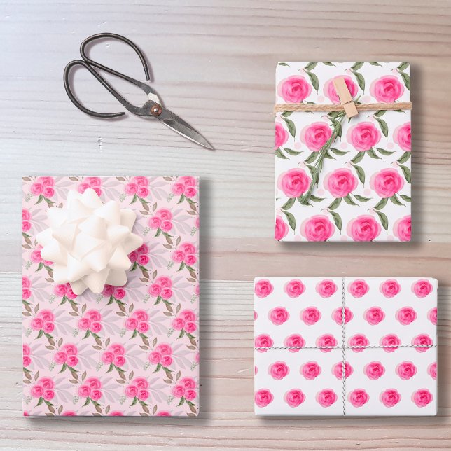 Wonderful Pink Roses Watercolor Art Pattern Wrapping Paper Sheet (Creator Uploaded)