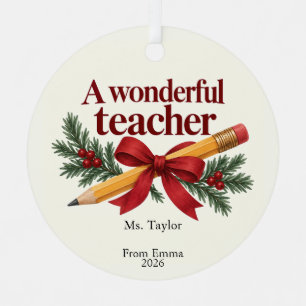Wonderful Teacher Pencil and Red Ribbon Thank You Metal Tree Decoration