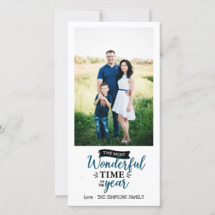 Wonderful time Blue Gingham Holiday Photo Card