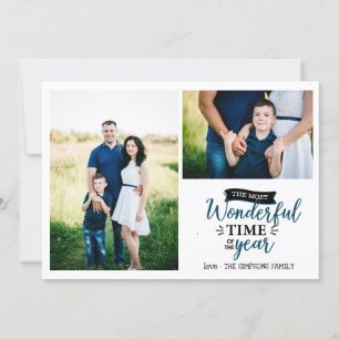 Wonderful time Blue  plaid Holiday 2 photo collage Card