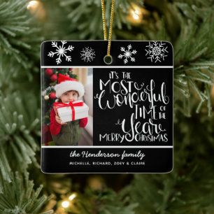 Wonderful Time & Merry Christmas Photo Snowflake Ceramic Ornament