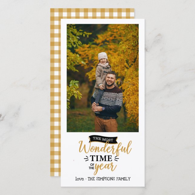 Wonderful time Mustard Gingham Holiday Photo Card (Front/Back)