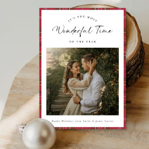 Wonderful Time Newlywed Plaid Romantic Photo Holiday Card