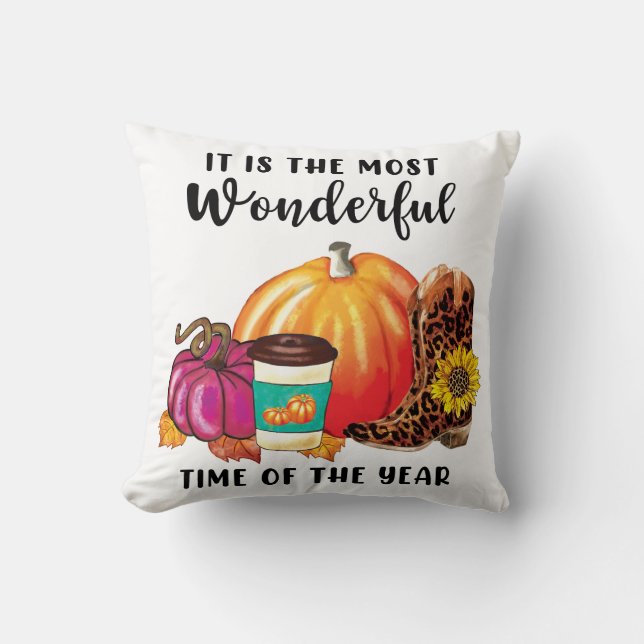 Wonderful Time Of The Year Autumn Pumpkin Quote Cushion (Front)