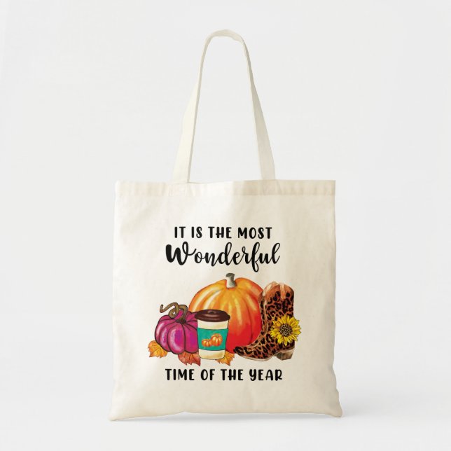 Wonderful Time Of The Year Autumn Pumpkin Quote Tote Bag (Front)