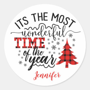 Wonderful Time of the Year Plaid Christmas Tree Classic Round Sticker