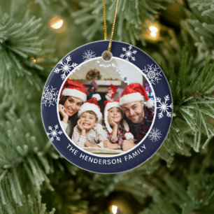 Wonderful Time Of Year Custom Photo Navy Snowflake Ceramic Tree Decoration