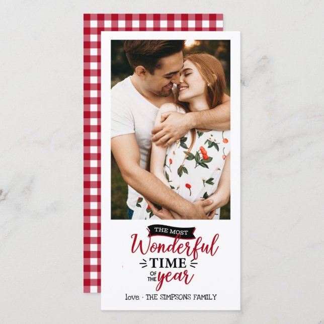 Wonderful time Red Gingham Holiday Photo Card (Front/Back)