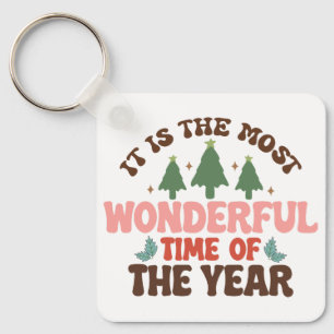 Wonderful Time Retro Groovy Christmas Holidays Key Ring