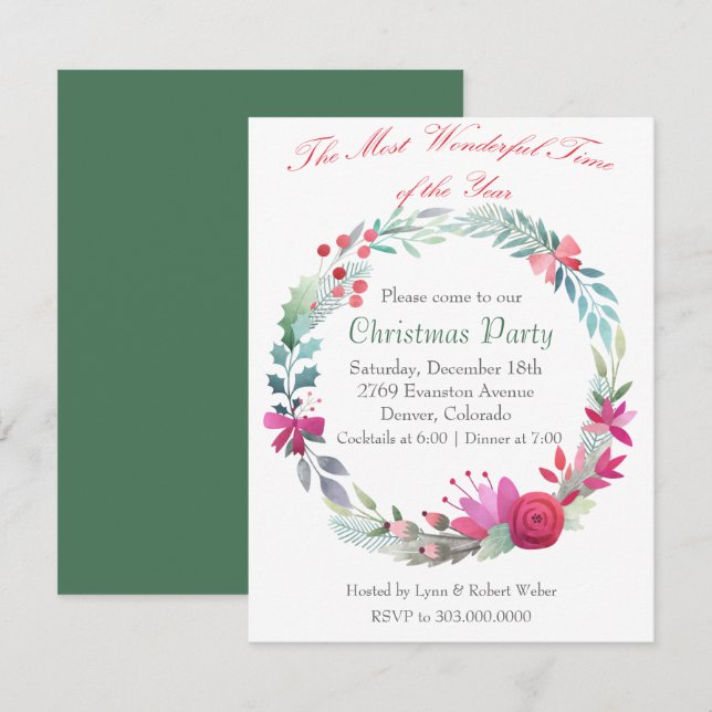 Wonderful Time Wreath Christmas Party Invitation (Front/Back)