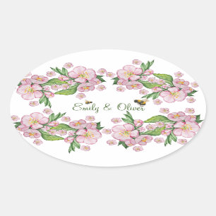 Wonderful watercolor apple tree flowers and bее oval sticker