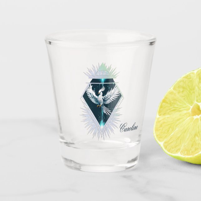 Wonderful white fantasy phoenix.  shot glass (Front)