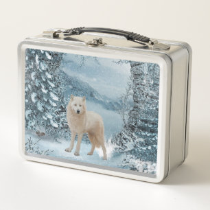 Wonderful white wolf metal lunch box