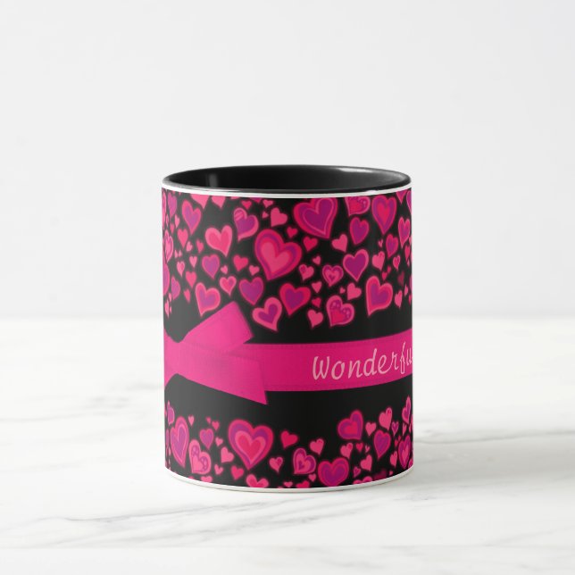 "Wonderful Wife x" hearts red pink black mug (Center)