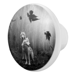 Wonderful Wolves Black and White Leaf Us Alone Ceramic Knob