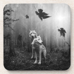 Wonderful Wolves Black and White Leaf Us Alone Coaster