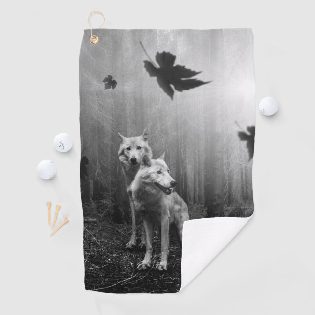 Wonderful Wolves Black and White Leaf Us Alone  Golf Towel (InSitu)