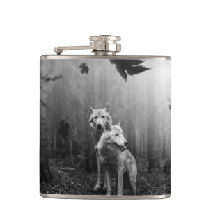 Wonderful Wolves Black and White Leaf Us Alone  Hip Flask