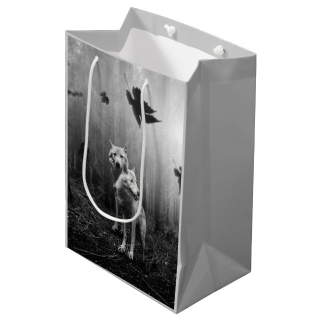 Wonderful Wolves Black and White Leaf Us Alone  Medium Gift Bag (Front Angled)