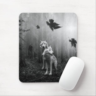 Wonderful Wolves Black and White Leaf Us Alone Mouse Mat