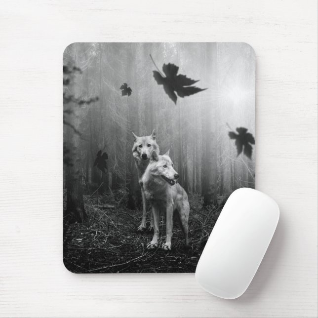 Wonderful Wolves Black and White Leaf Us Alone  Mouse Mat (With Mouse)