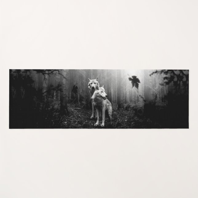 Wonderful Wolves Black and White Leaf Us Alone  Yoga Mat (Front (Horizontal))