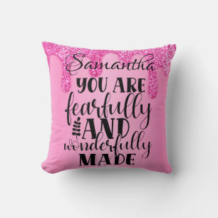 Wonderfully Made Bible Quote Pink Glitter Name Cushion