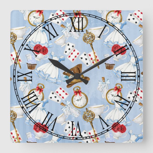 Wonderland Alice Pattern Square Wall Clock (Front)