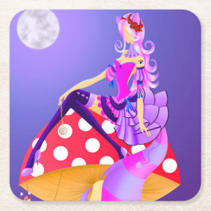 Wonderland Art - Cheshire Cate on Mushroom Square Paper Coaster