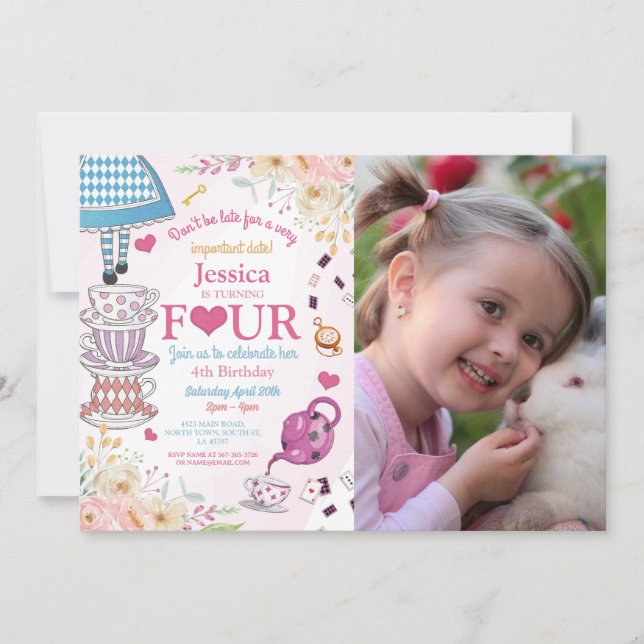 Wonderland Birthday 4th Tea Party Four Girls Photo Invitation (Front)