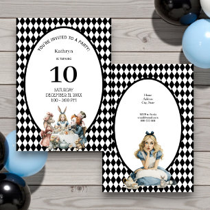 Wonderland Black White Vintage Birthday Party Invitation