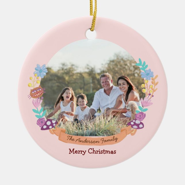  Wonderland Dreamer pink floral wreath photo Ceramic Tree Decoration (Front)