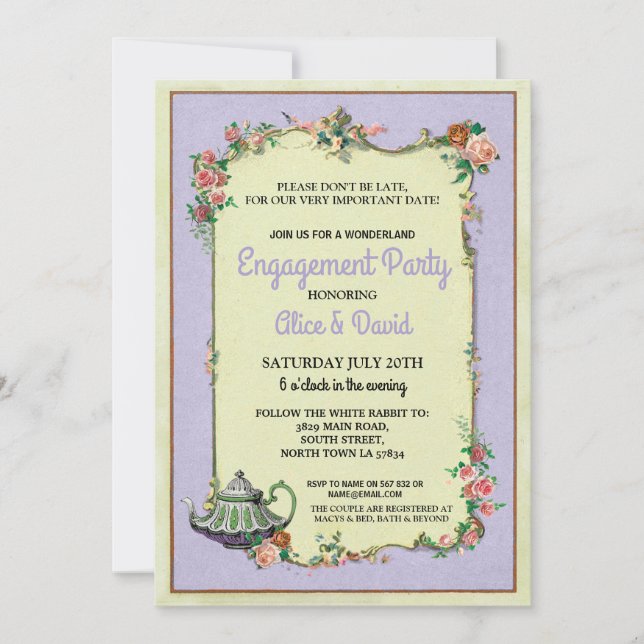 Wonderland Engagement Teapot Couple's Party Purple Invitation (Front)