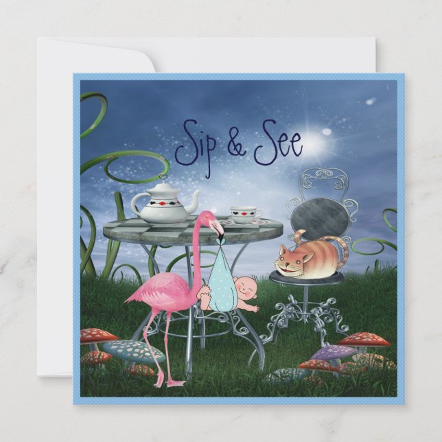 Wonderland Flamingo Sip & See Boy Baby Shower Invitation (Front)