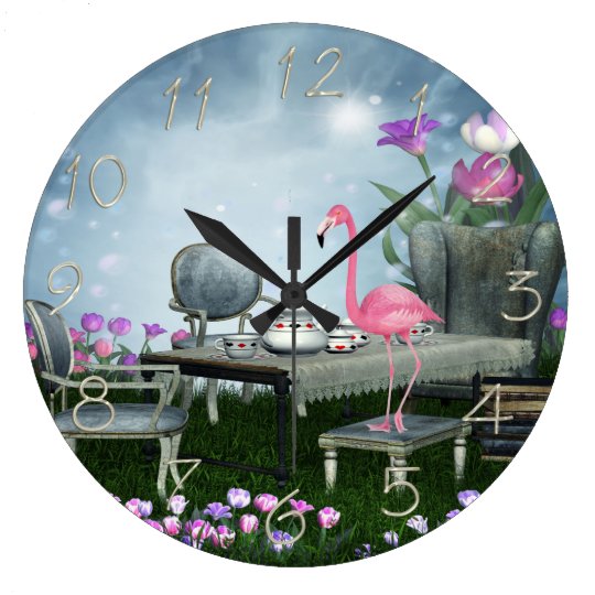 Wonderland Flamingo Tea Party Large Clock